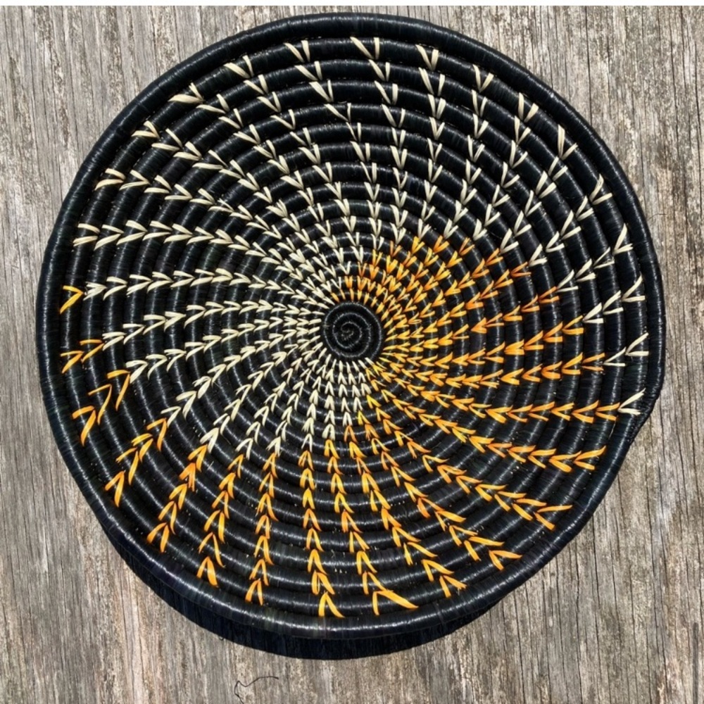 African Handcrafted 12” Black and Orange Woven Basket